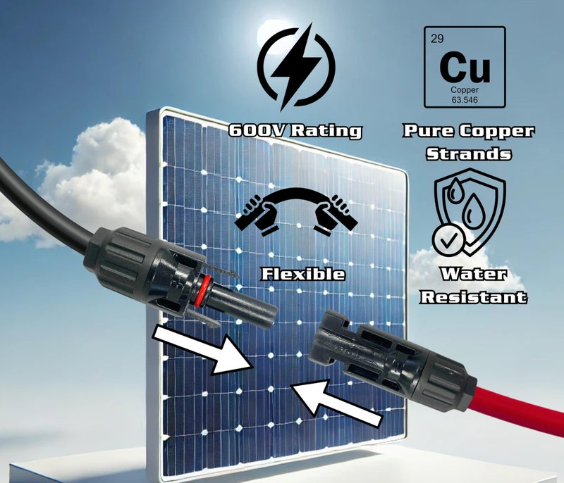 WindyNation 10 Gauge 10 AWG Pair 50 Feet Black + 50 Feet Red PV Photovoltaic Solar Panel Extension Cable Wire Solar Connectors - Image 3
